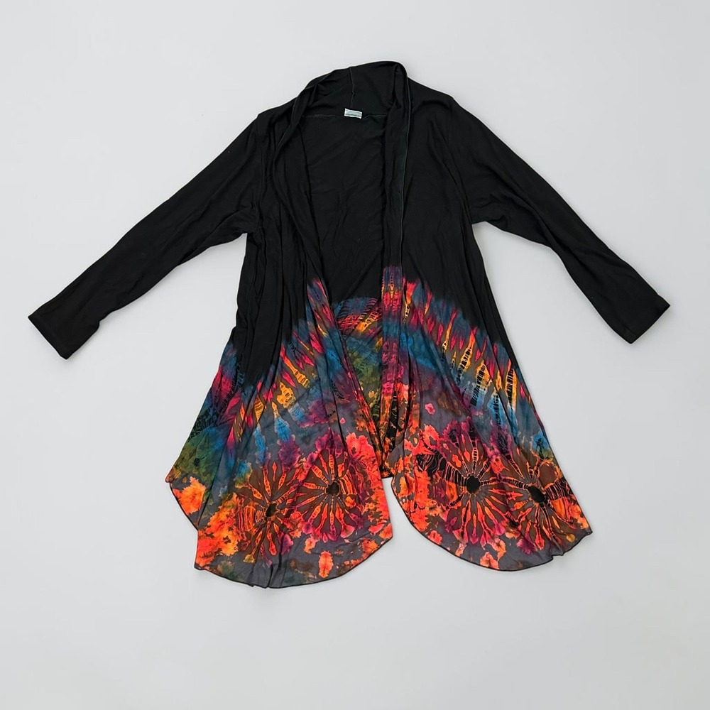 Unique Batik Womens Tie Dye Open Front Cardigan Black Rainbow Long Sleeve OS